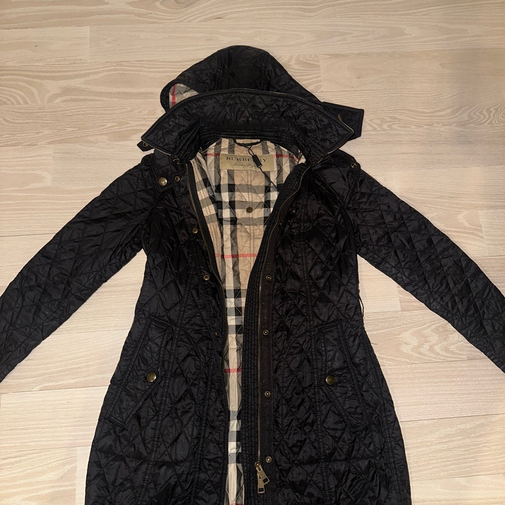 Burberry Black Quilted Trench Coat with Plaid Lining